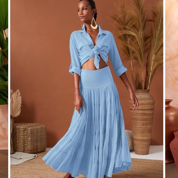 NWT Erika Peña SET Anna cielo blue maxi skirt and button down shirt size XS/S - Picture 2 of 10